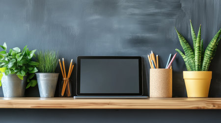 Floating shelf workstation with tablet, stylus, and creative tools neatly arrangedの素材