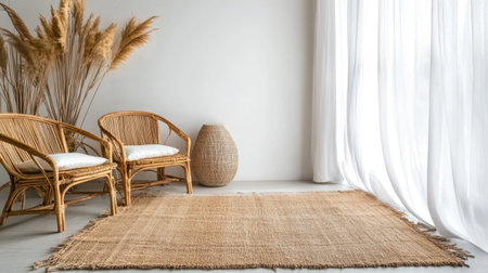 Interior scene with rattan chairs, a simple rug, and white walls in natural daylightの素材
