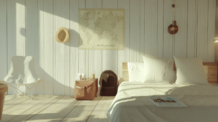 Minimalist bedroom in boutique hostel with map, daypack, and travel checklistの素材