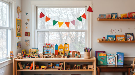 Kids' playroom with wooden toys, picture books, and cheerful wall decor in natural lightの素材