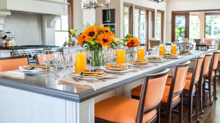 Kitchen island with pancake breakfast setup, juice glasses, and family napkinsの素材