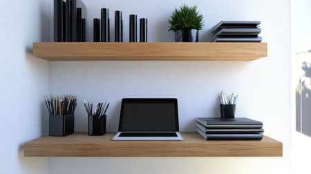 Floating shelf workstation with tablet, stylus, and creative tools neatly arrangedの素材