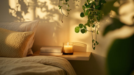 Minimal bedroom shelf with candle, favorite books, and hanging greeneryの素材