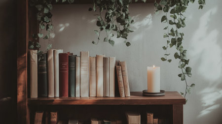 Minimal bedroom shelf with candle, favorite books, and hanging greeneryの素材