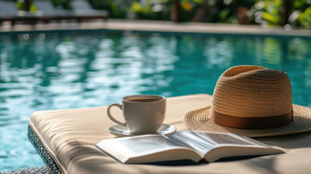 Morning coffee beside poolside lounger with hat and open e-readerの素材