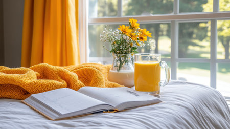 Morning desk with smoothie, planner, and soft light from a nearby window creating a calm workspaceの素材