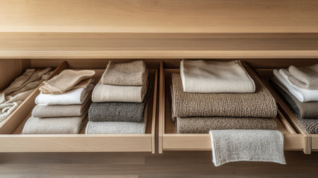 Neatly folded clothes in neutral tones arranged in minimalist drawersの素材