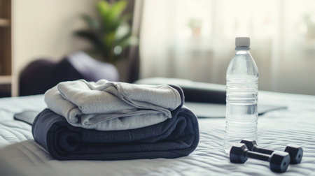 Neatly folded gym clothes and water bottle on bed ready for daily workoutの素材