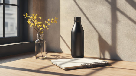 Neutral-toned workspace with minimal decor, notebook, and reusable water bottleの素材
