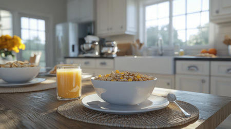 Morning kitchen table scene with cereal bowls, juice, and placematsの素材