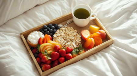 Morning light over healthy breakfast tray with oatmeal, fruit, and green teaの素材