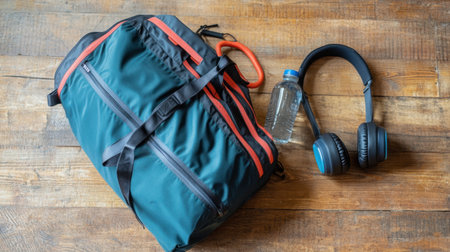 Neatly packed gym bag with towel, water bottle, and wireless headphones beside itの素材