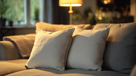 Neutral-toned throw pillows neatly placed on a low sofa under soft lightingの素材
