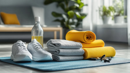 Neatly folded workout clothes with sneakers, mat, and resistance bands ready to goの素材