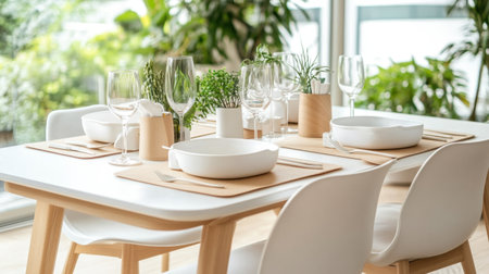 Dining area with high chair, booster seat, and placemats ready for a family mealの素材