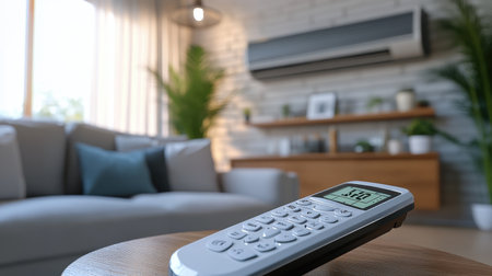 Stylish AC remote control on a coffee table in front of a wall-mounted inverter unitの素材