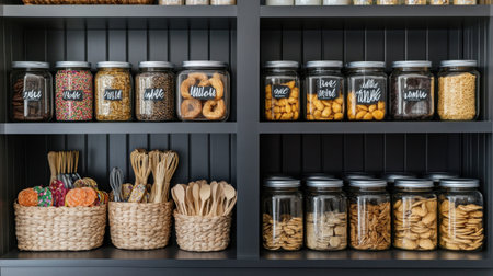 Pantry shelves with kid-friendly snacks, labeled jars, and family meal staplesの素材