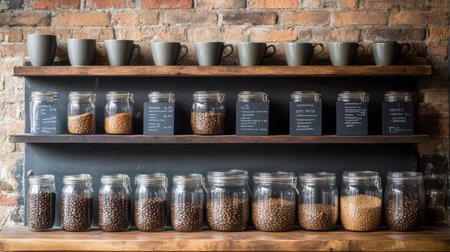 Coffee shelf with different bean blends, mugs, and small chalkboard descriptionsの素材