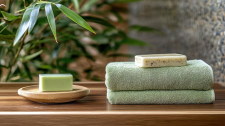 Simple bathroom scene with eco-friendly soap, towel, and bamboo accentsの素材