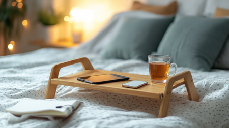 Foldable laptop desk set up on a bed with tea, phone, and notepadの素材