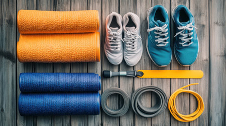 Neatly folded workout clothes with sneakers, mat, and resistance bands ready to goの素材