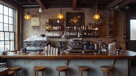 Coffee shop interior with wooden stools, brick walls, and exposed hanging bulbsの素材