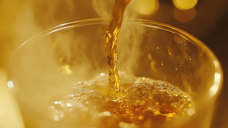 Close-up of espresso being brewed into a tiny cup with steam rising and warm lightingの素材