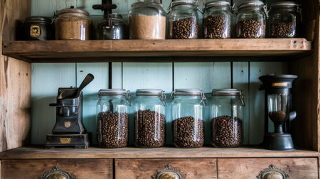 Coffee beans in glass jars on wooden shelf with grinder and scoop besideの素材