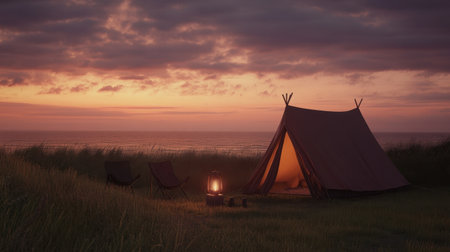 Minimalist campsite with pitched tent, lantern, and camp chair facing sunsetの素材