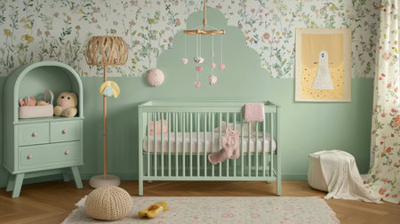 Cozy nursery with pastel crib, mobile, and baby essentials neatly arrangedの素材