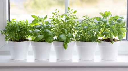 Fresh herbs in pots growing on a windowsill with morning light streaming throughの素材
