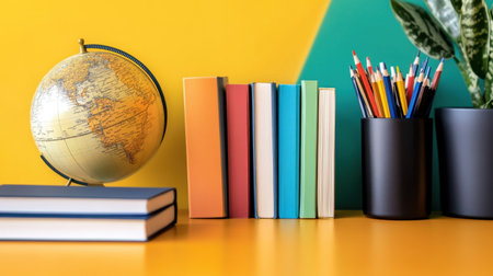 Study corner with colorful school books, globe, and childrens desk setupの素材