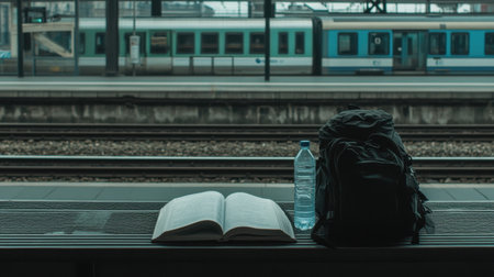 Train station bench with travel backpack, book, and water bottle waiting for boardingの素材