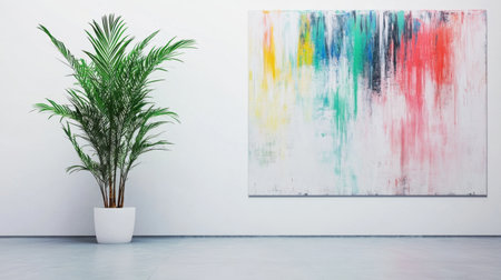 White walls with single abstract art print and indoor plant in corner of a clean roomの素材