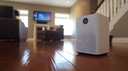 Air purifier with digital air quality display in clean, tech-savvy living spaceの素材