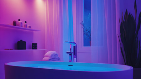 Bathroom with automatic faucet, smart lighting, and built-in music systemの素材