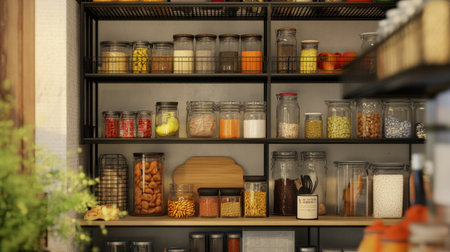 Clean tech pantry with inventory tracking display and restock alerts synced to mobile deviceの素材