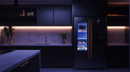 Fridge with fingerprint-resistant surface and embedded smart features in clean, high-tech kitchenの素材