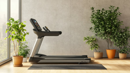 Home gym corner with smart treadmill connected to fitness tracking app and entertainment screenの素材