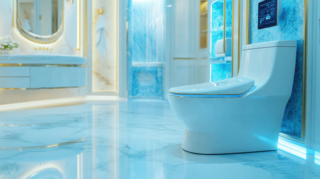 Luxurious smart bathroom with auto-cleaning toilet, ambient music, and mirror displayの素材