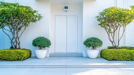 Modern house entrance with smart door lock and security camera installed aboveの素材