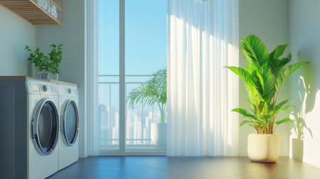 Sleek washer and drying rack setup in balcony laundry space with plantsの素材