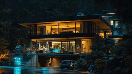 Night view of house exterior showing app-controlled lighting and security sensorsの素材