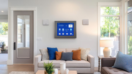 Sleek smart home control panel on living room wall displaying connected devices and climate settingsの素材