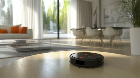 Smartphone app showing remote control of robotic vacuum system and indoor climate in a contemporary homeの素材