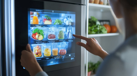 Smart refrigerator with touchscreen interface showing recipe suggestions and food expiration alertsの素材