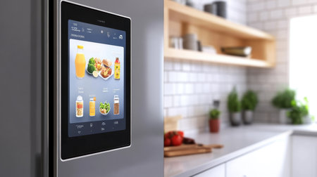 Smart refrigerator with curved touchscreen edge and AI-based food recognition systemの素材