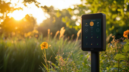 Smart garden irrigation system interface showing moisture levels and weather forecastの素材