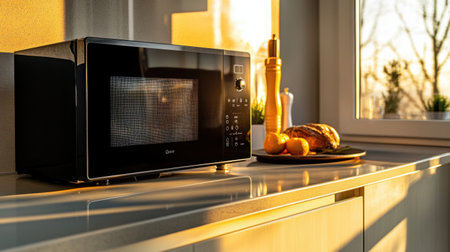 Smart microwave with touch panel controls and preset cooking programs on a clean kitchen counterの素材