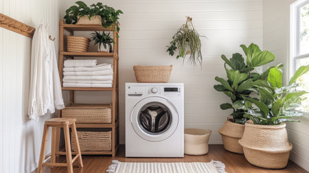 Stackable automatic washer and dryer in white minimalist laundry setupの素材